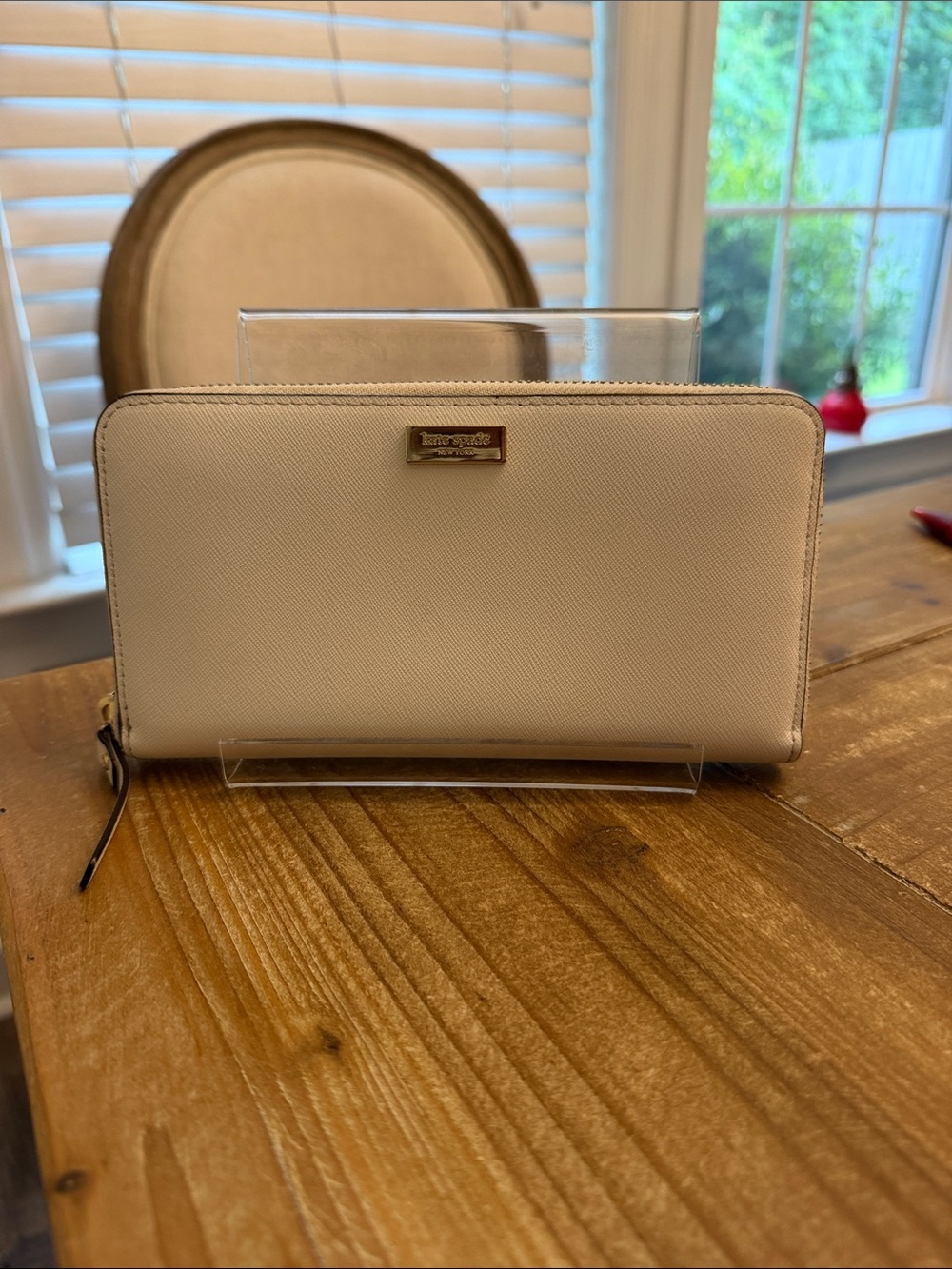 kate spade Cream Zip-Around Saffiano Leather Wallet with Gold Accent